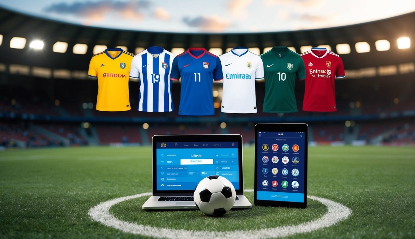 Sebuah lapangan sepak bola dengan jersey tim internasional dan perangkat digital untuk taruhan online