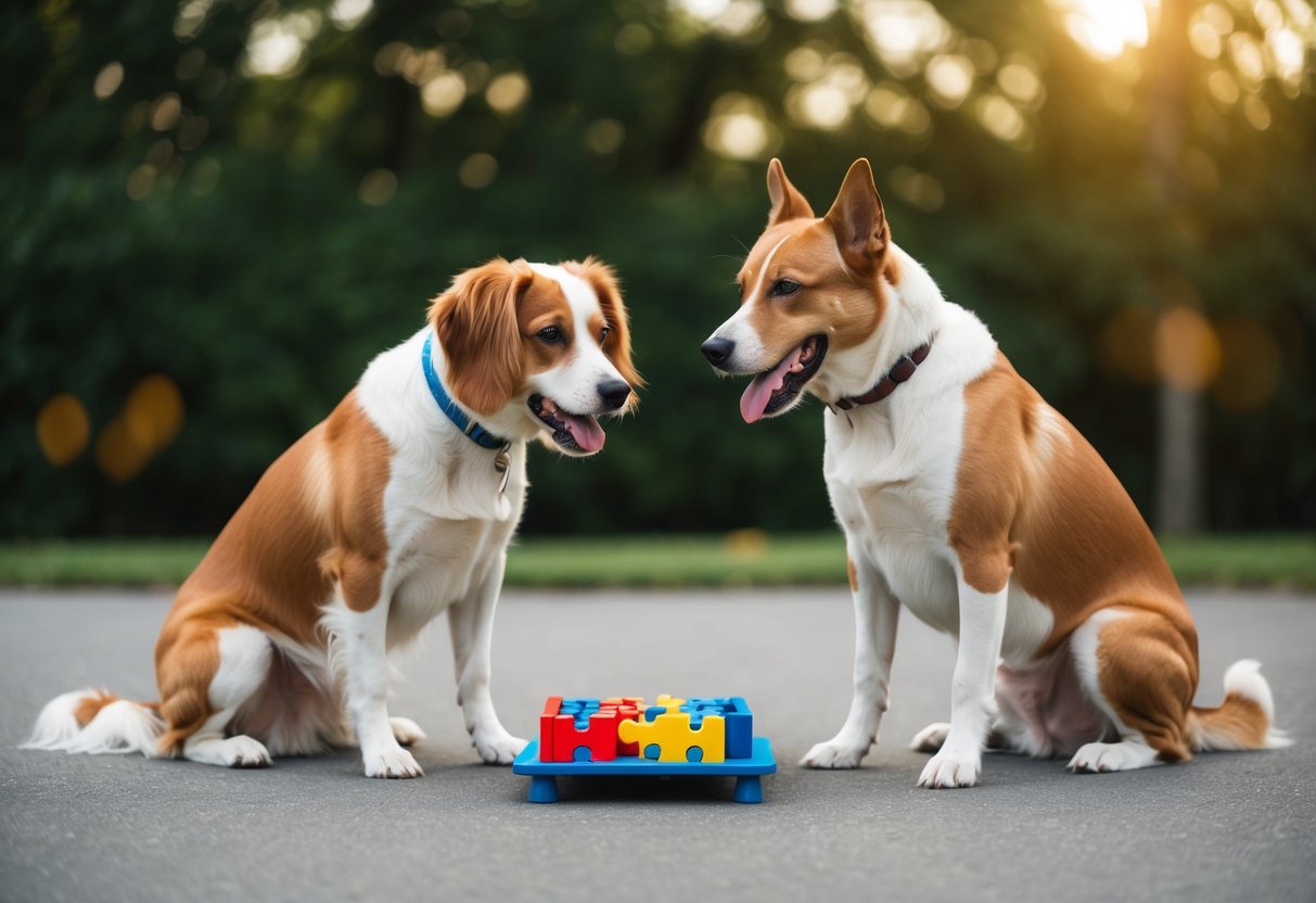 Two dogs, one female and one male, sitting side by side with a puzzle toy in front of them. The female dog successfully solves the puzzle while the male dog watches