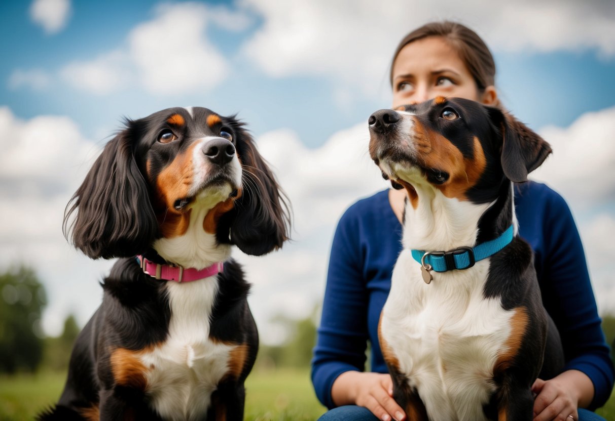 A girl and a boy dog sit side by side, gazing up at their owner with adoring eyes