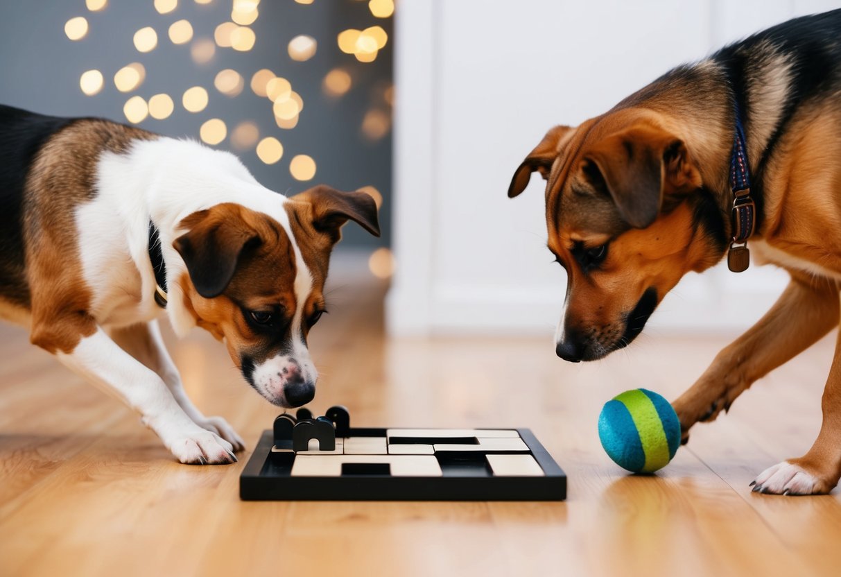 A female dog solving a puzzle while a male dog plays with a toy