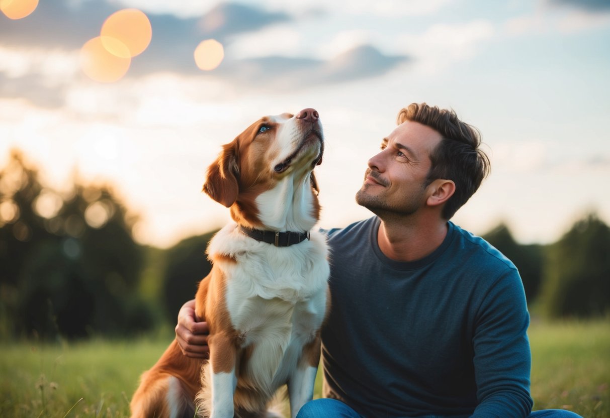 A loyal dog sitting next to its owner, gazing up with adoration