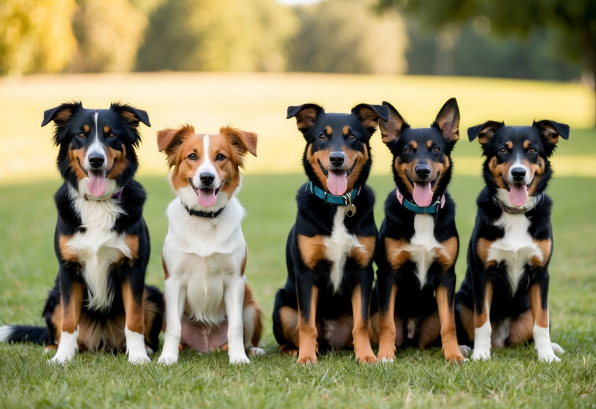 A group of dogs, both girls and boys, sitting obediently in a row, with their tails wagging and ears perked up
