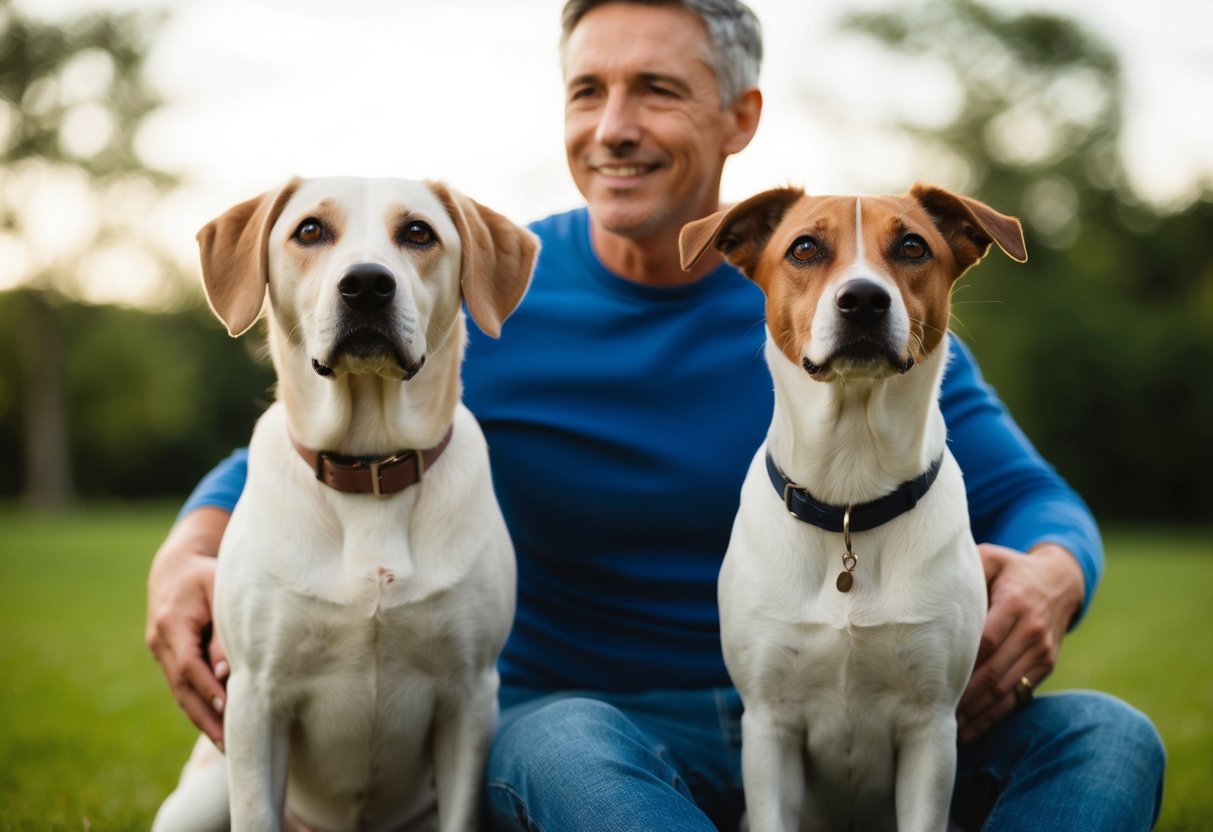Two dogs, one male and one female, sitting side by side, looking up at their owner with adoring eyes. The male dog is leaning slightly towards the owner, while the female dog is sitting straight and attentive