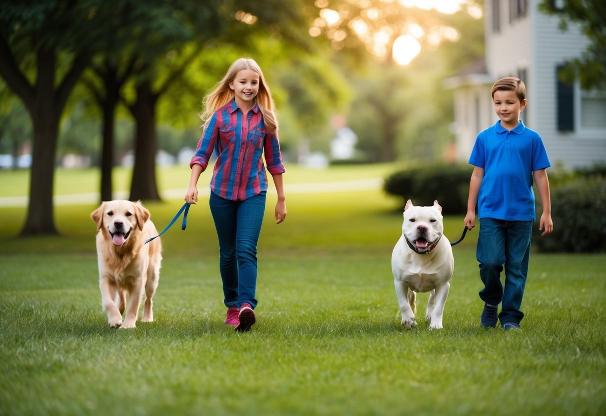 A loyal golden retriever follows a girl through a park, while a faithful pit bull stays by a boy's side at home