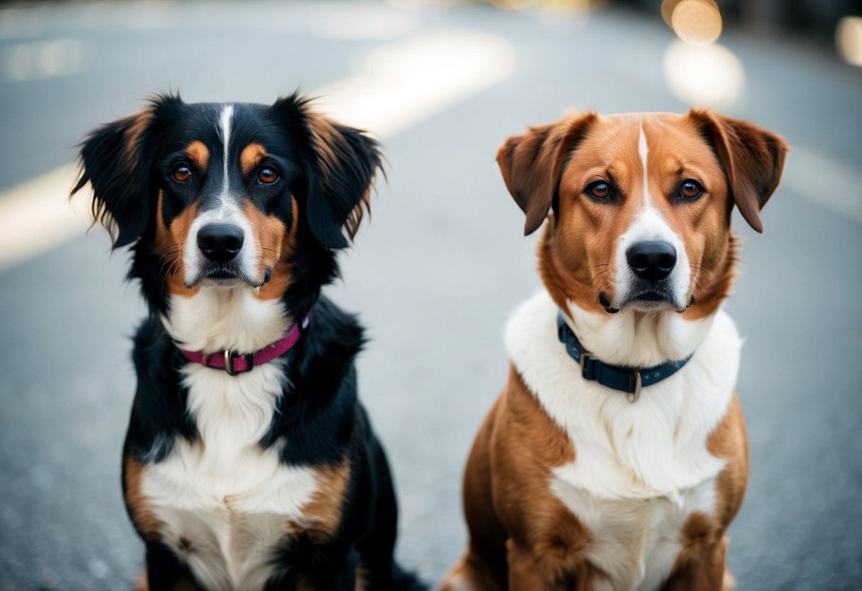 Two dogs, one female and one male, sitting calmly side by side with attentive expressions
