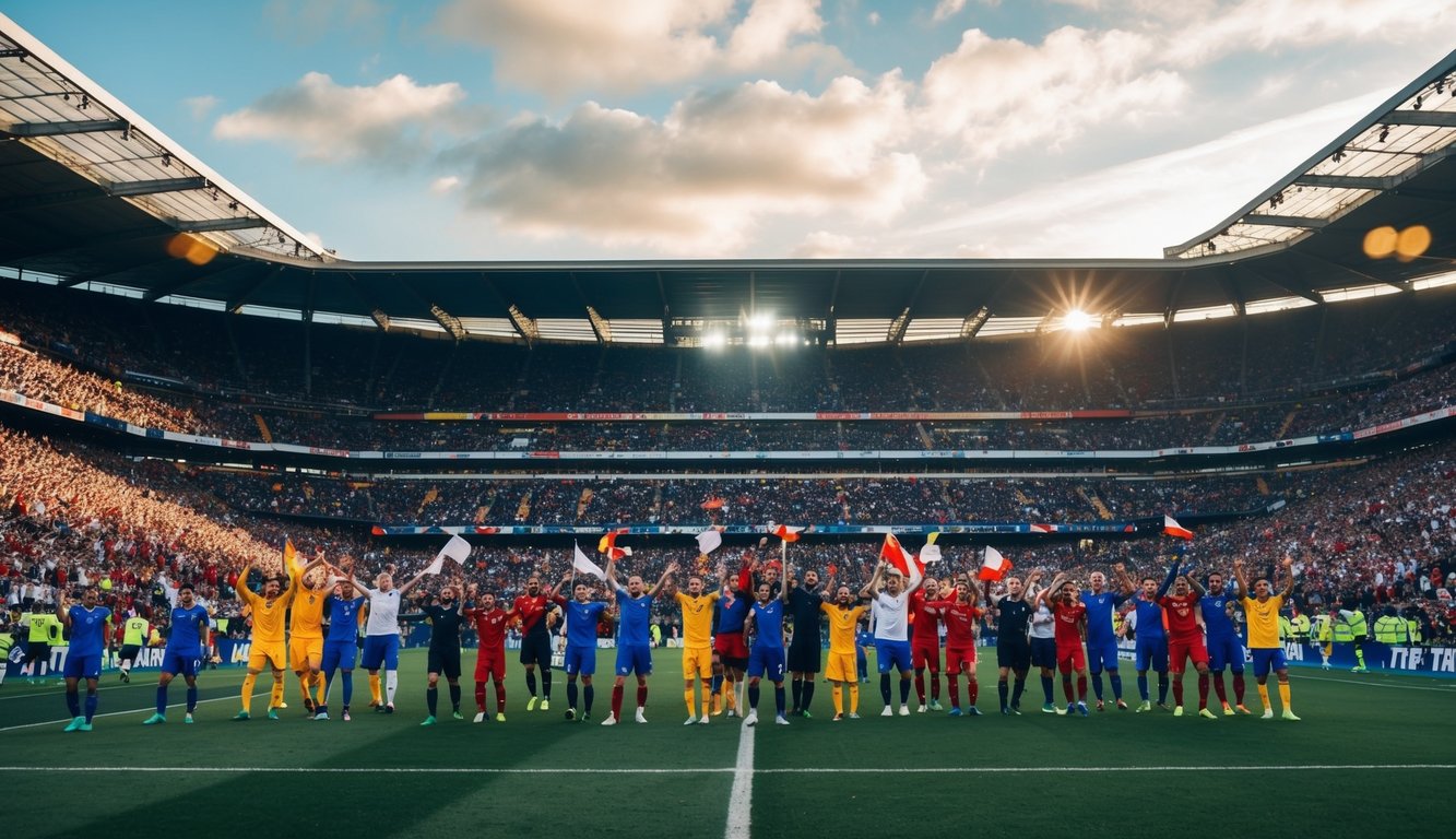 Sebuah stadion sepak bola yang ramai dengan penggemar yang bersorak dan pemain di lapangan