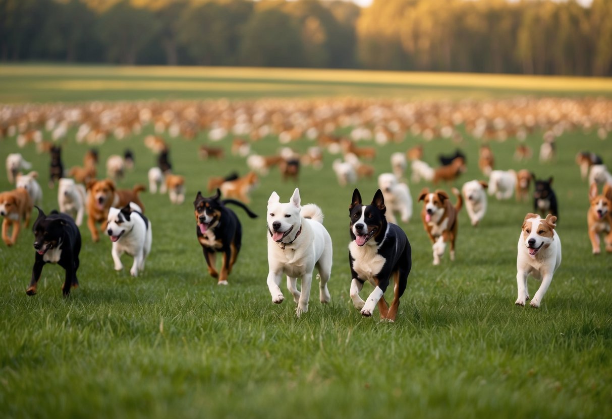A vast field with countless dogs roaming freely