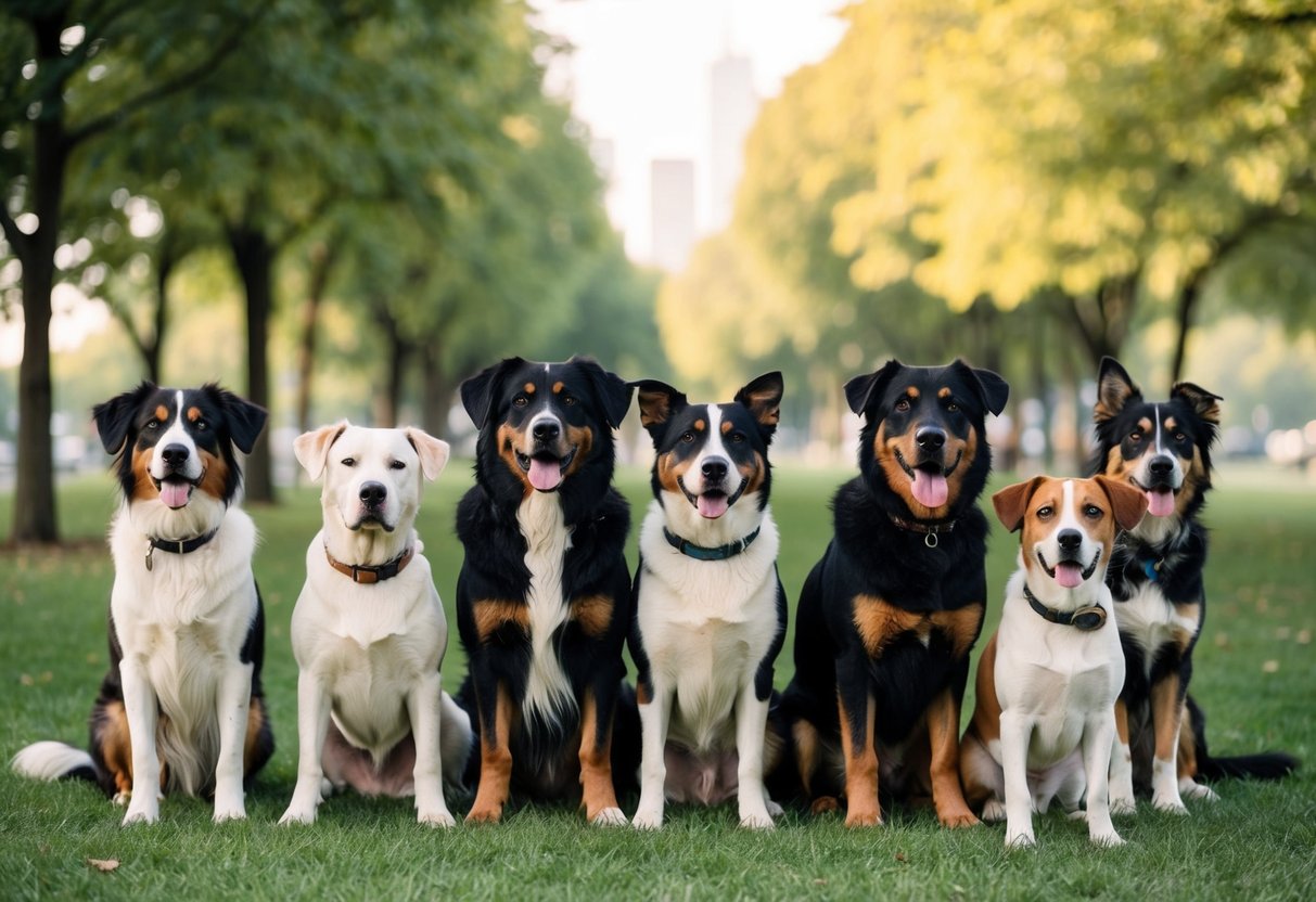 A diverse group of dogs of various breeds and sizes gathered in a park, representing the global population of 1 billion dogs