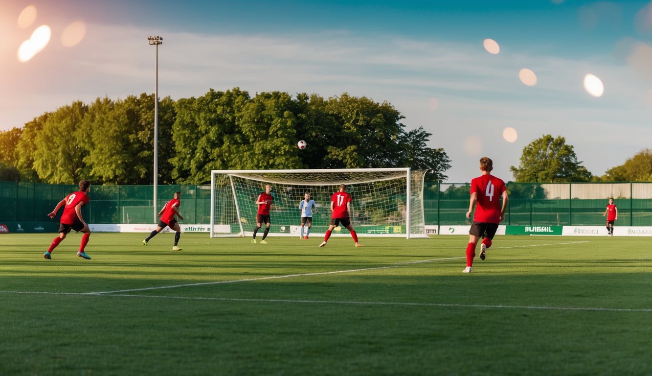 Lapangan sepak bola dengan tiang gawang dan pemain yang sedang beraksi