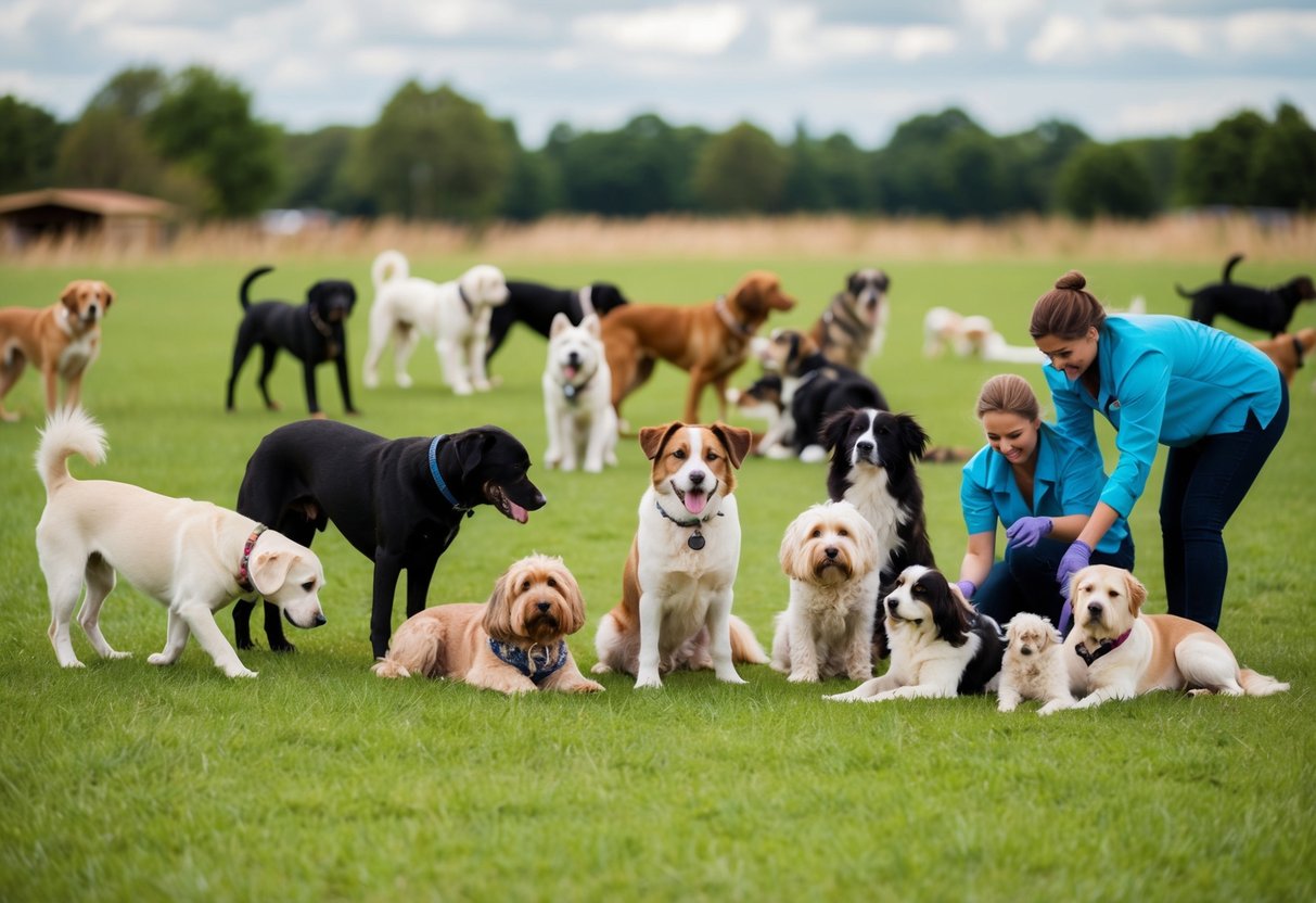 A diverse group of dogs of all shapes and sizes are gathered in a spacious, grassy area, some playing, some resting, and some being cared for by humans