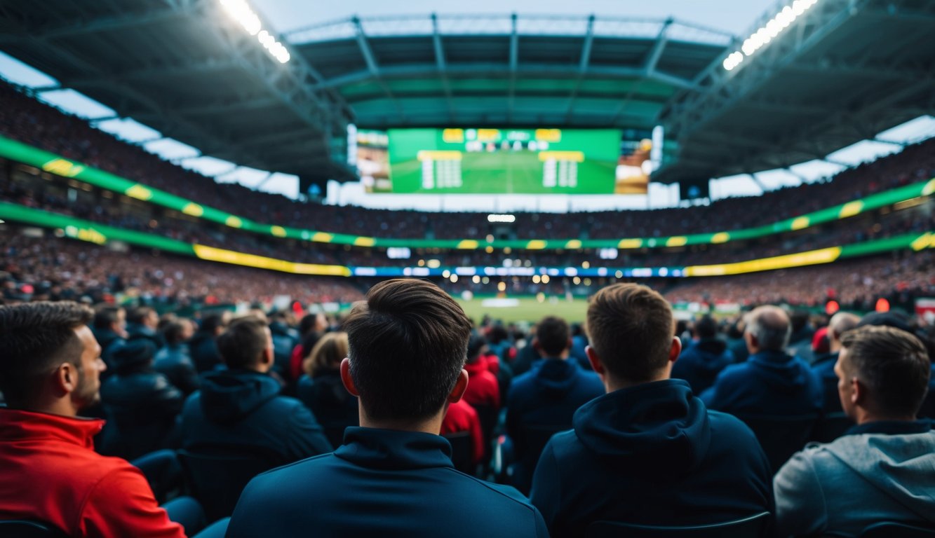 Sebuah stadion olahraga yang ramai dengan layar taruhan langsung yang menampilkan odds tinggi