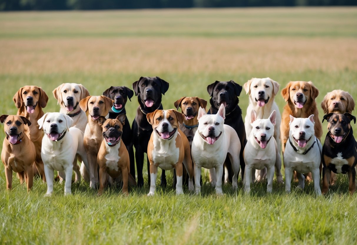 A diverse group of 100 dog breeds standing in a large open field