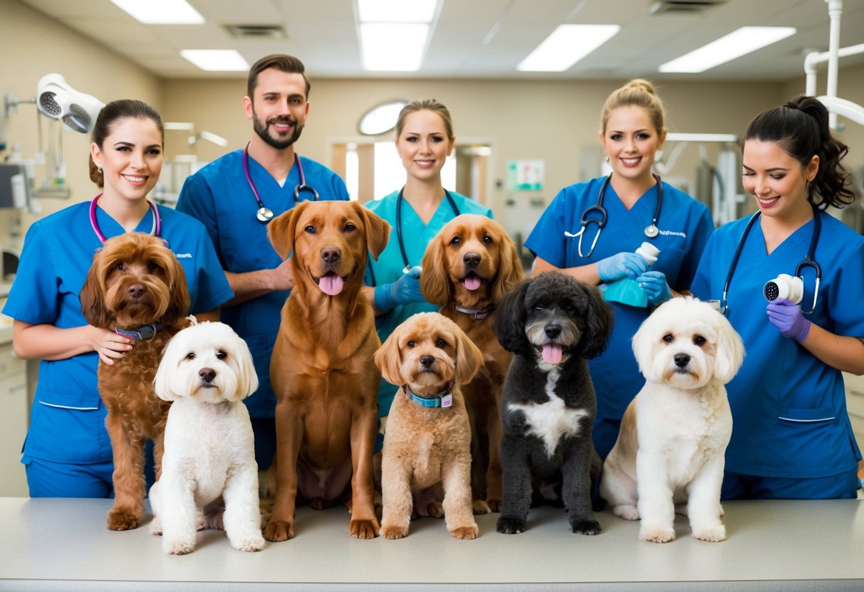 A diverse group of dogs of various sizes and colors are being cared for by veterinarians and groomers in a bustling animal care facility