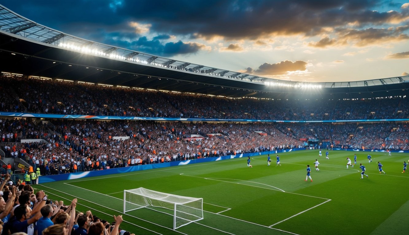 Sebuah stadion yang ramai dengan penggemar yang bersorak dan lapangan sepak bola dengan pemain yang sedang beraksi