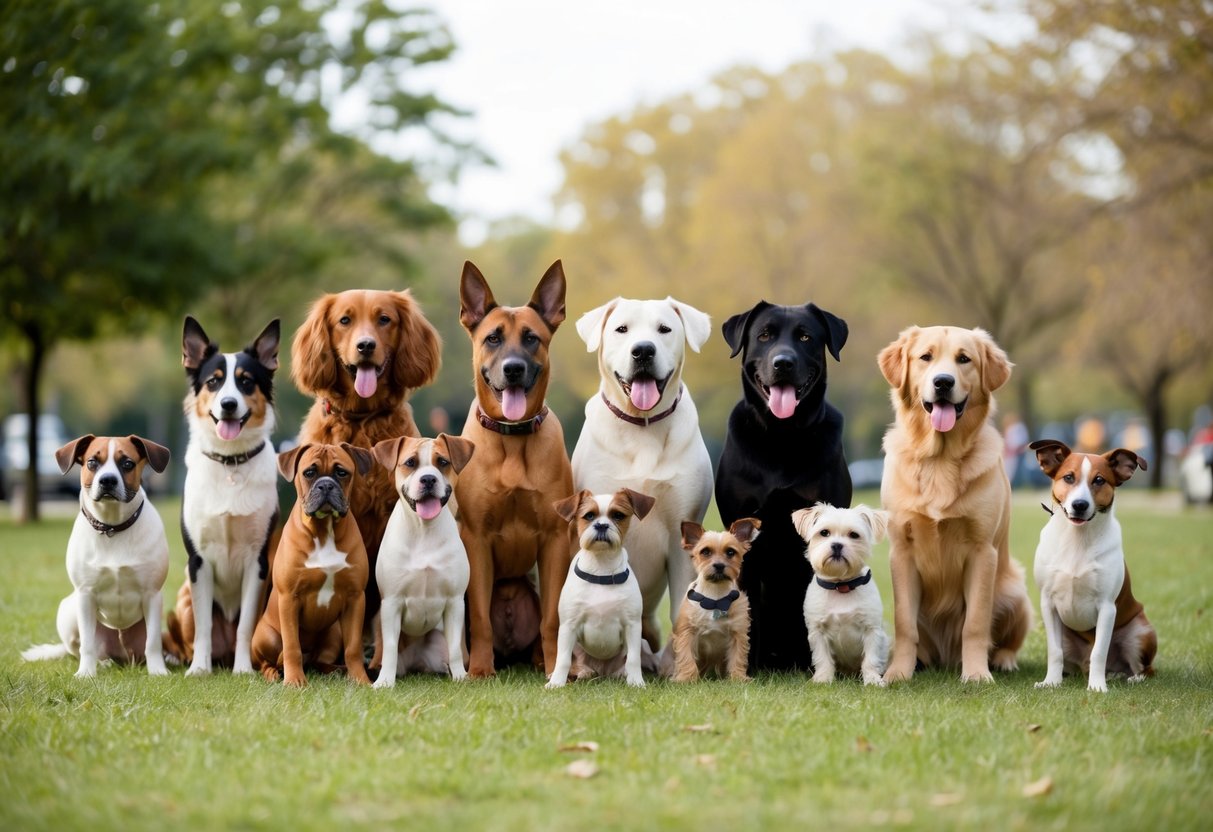 A group of various dog breeds gathered in a park, showcasing the diversity of sizes, colors, and coat types