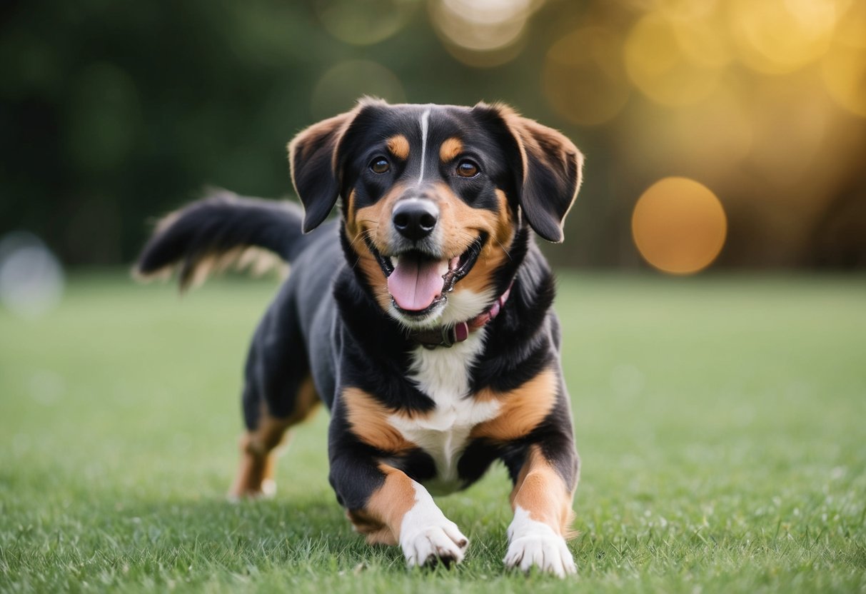 A playful dog with a fully-grown body and adult features, such as a fully developed coat and a mature face, but still exuding youthful energy and curiosity