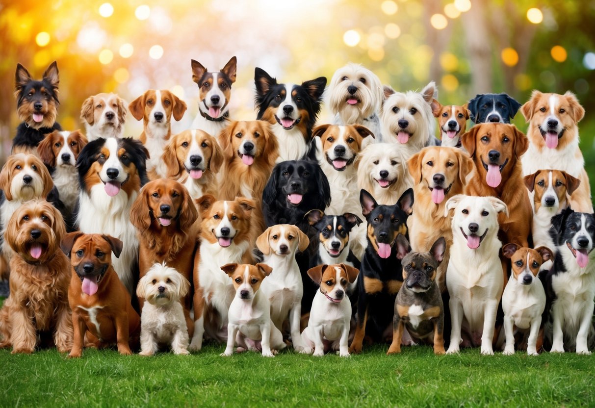 A diverse group of 400 dog breeds, ranging in size, color, and characteristics, gathered together in a vibrant and lively setting
