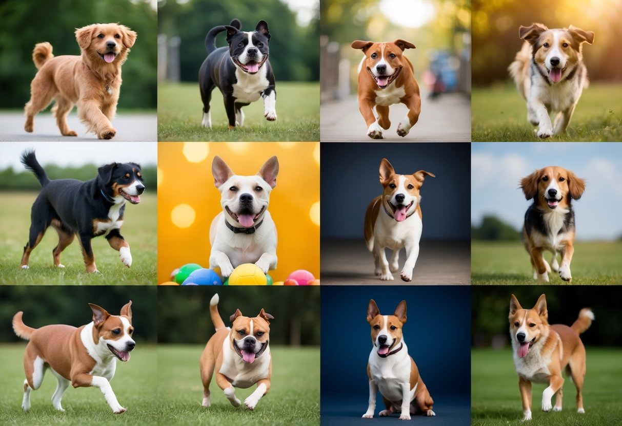 A variety of dogs in different sizes and colors, each engaged in activities that showcase their specific roles and abilities