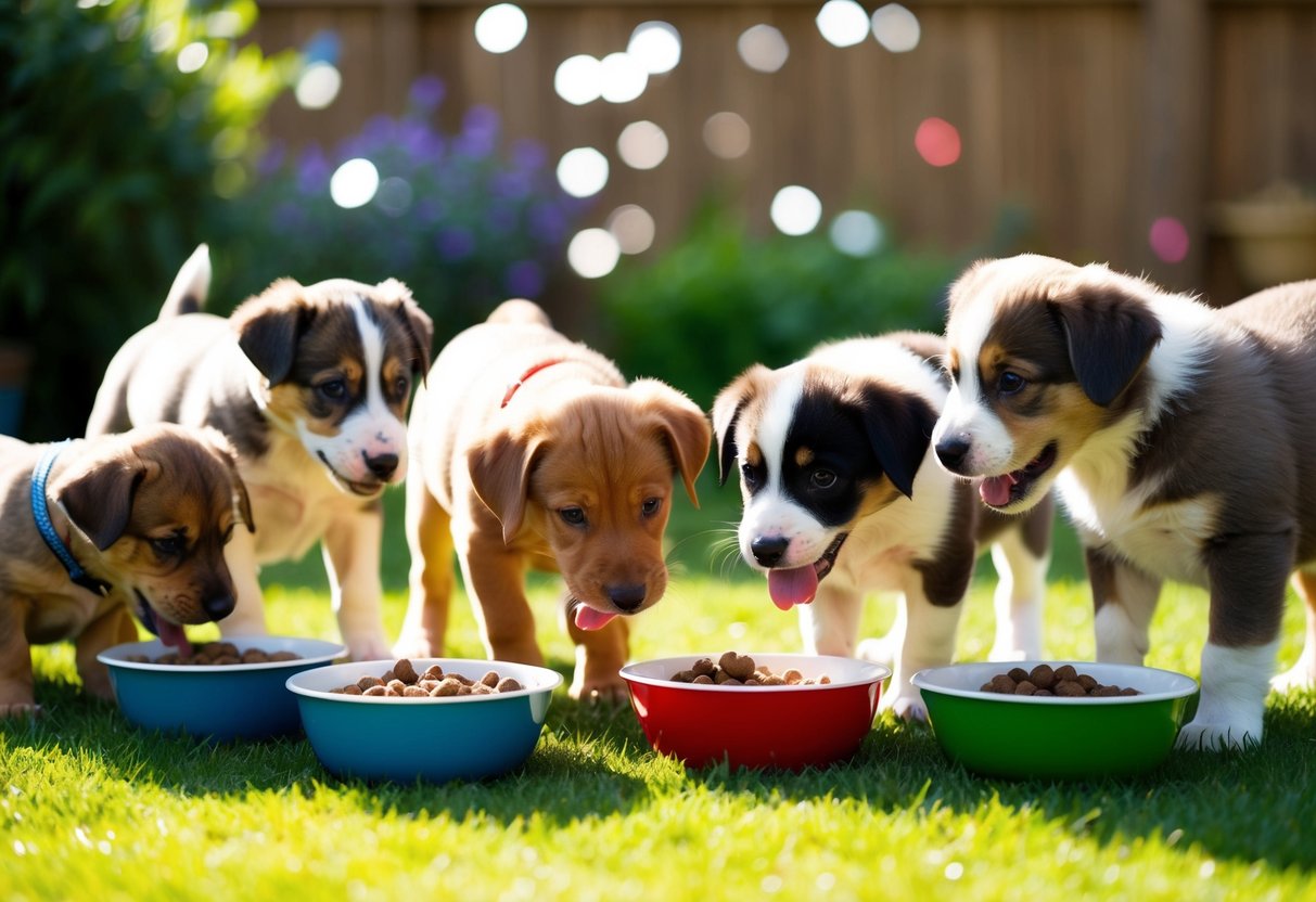 A group of playful puppies of various breeds, aged 6-12 months, eating from bowls and engaging in various activities in a sunny backyard