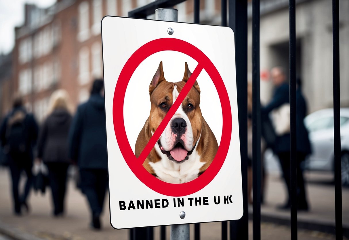 A sign with a red circle and line through the image of an XL bully dog, indicating that they are banned in the UK