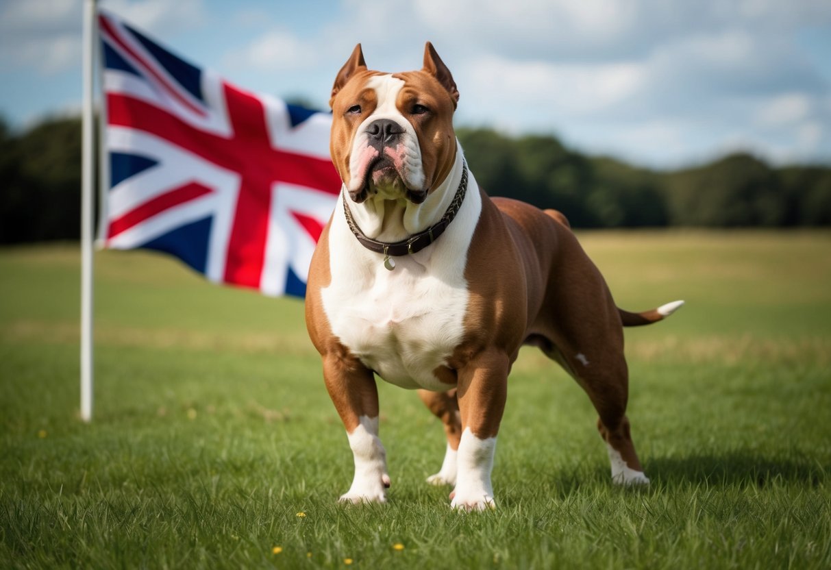 A muscular XL bully dog stands proudly in a grassy field, with the British flag waving in the background