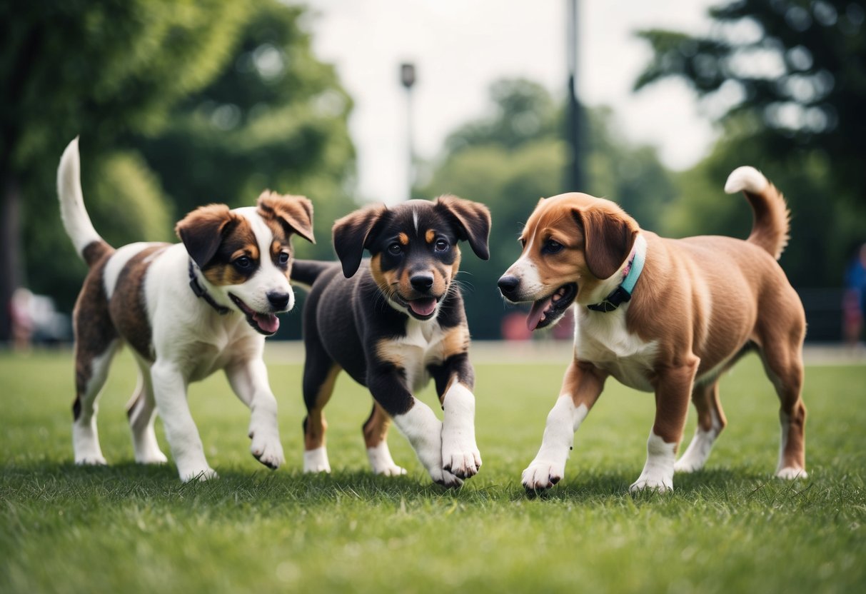 A playful puppy engaging in obedience training and socialization activities with other dogs at a local park