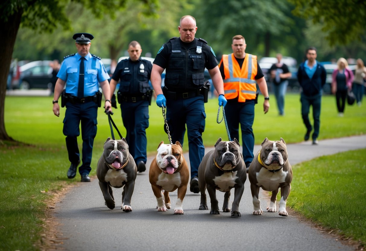 A group of xl bully dogs are being led away by authorities in a park in the UK. Their owners look on with concern and frustration