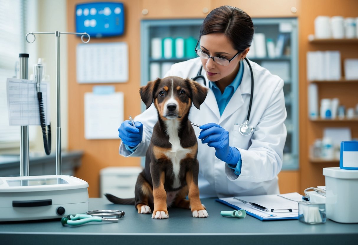 A young dog sitting in a veterinarian's office, surrounded by medical equipment and charts, while a veterinarian examines it
