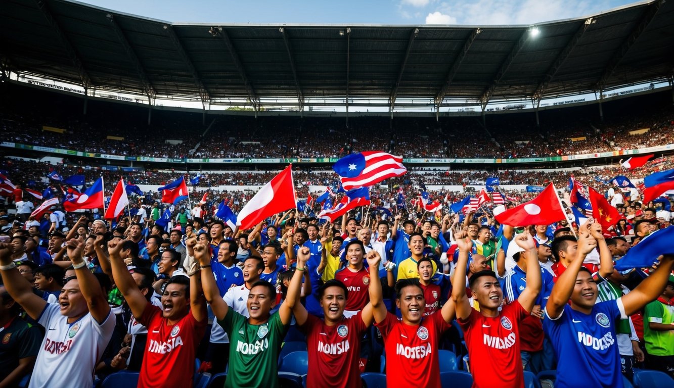 Sebuah stadion sepak bola yang ramai di Indonesia, dengan para penggemar bersorak dan melambaikan bendera sebagai dukungan untuk tim mereka