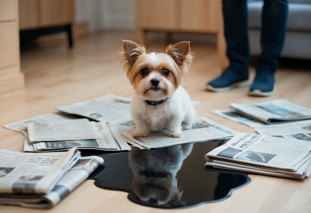 A small dog surrounded by scattered newspapers and a puddle on the floor, looking up at the owner with a guilty expression