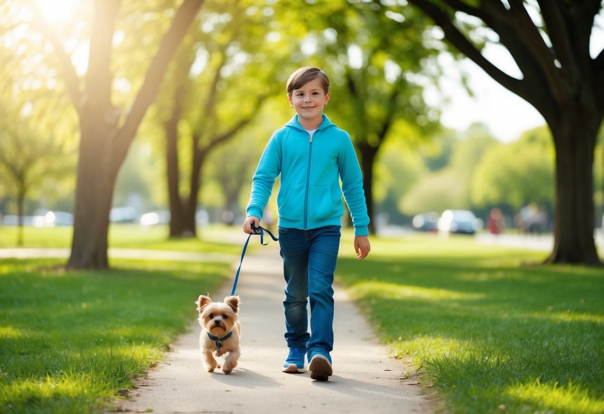 A 10-year-old walks a small dog in a sunny park