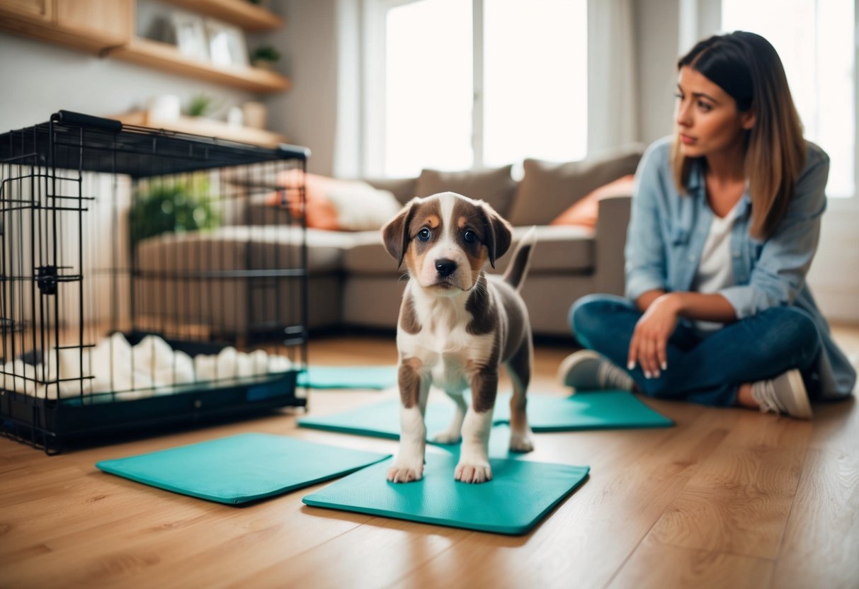 A puppy in a cozy home setting, surrounded by training pads and a crate, with a concerned owner looking on