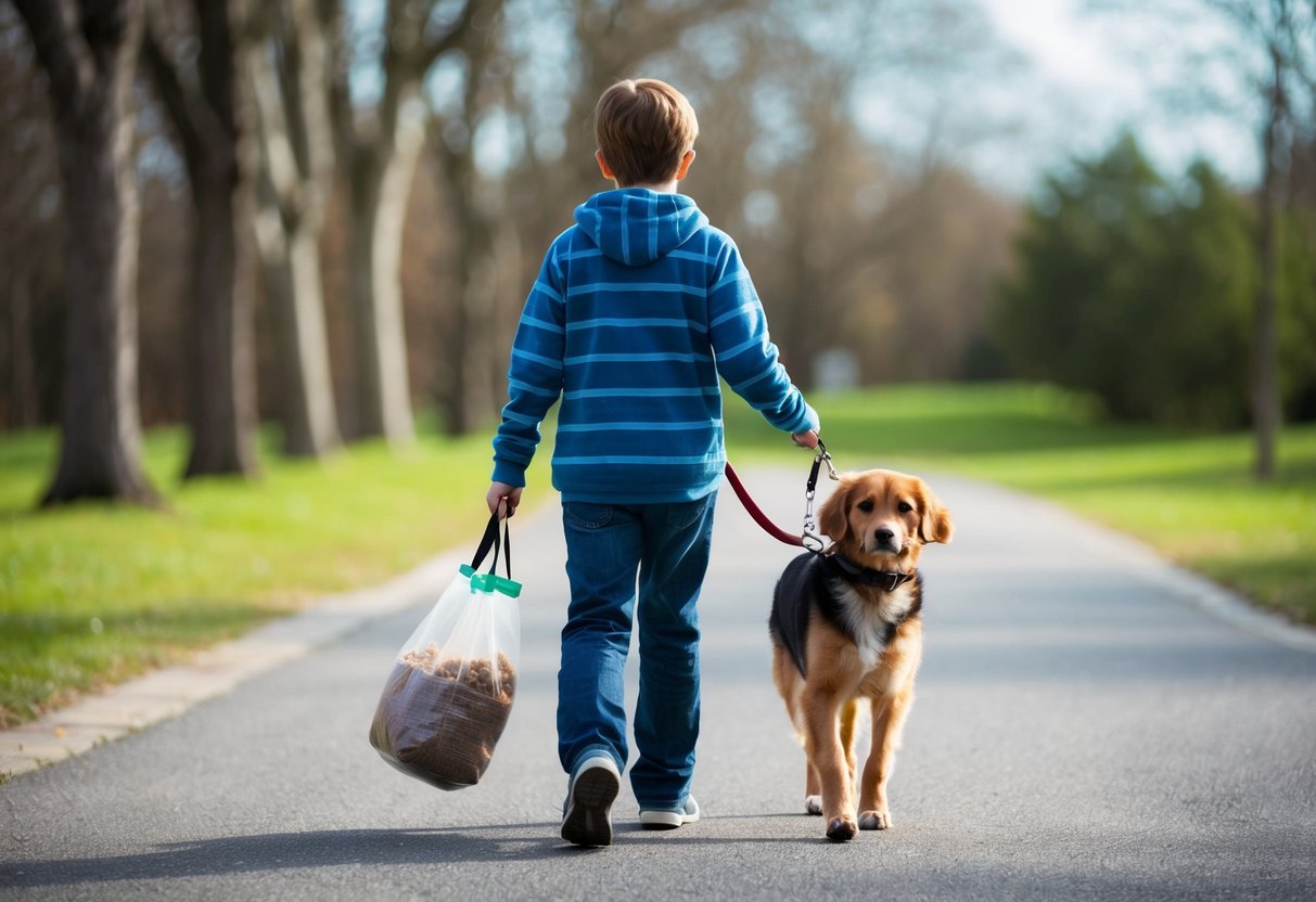 A 10-year-old walking a dog, carrying a leash and a bag of dog food