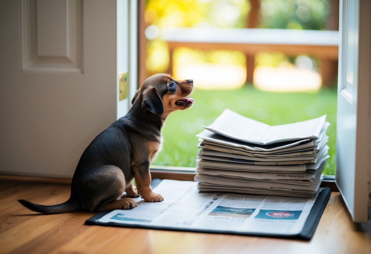 A small puppy with a wagging tail sits by the open door, looking up at a pile of newspapers and a training pad