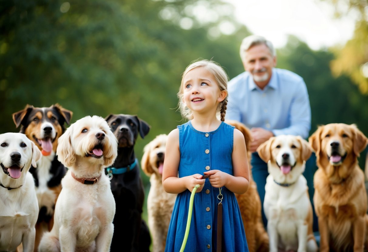 A young girl stands in front of a row of different dog breeds, looking up at them with a hopeful expression. She holds a leash in her hand, while a kind-looking adult watches from a distance
