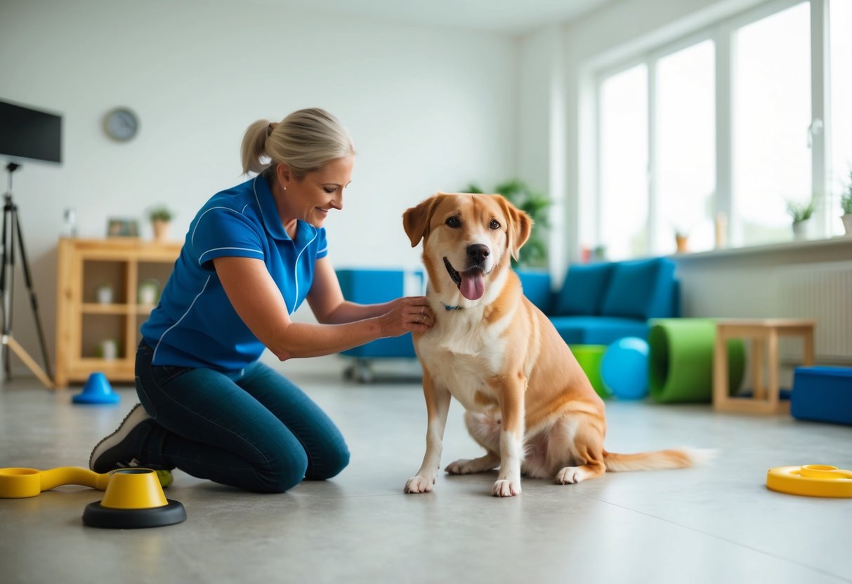 A dog trainer using positive reinforcement to teach an older dog house training techniques in a spacious, well-lit room with various training aids