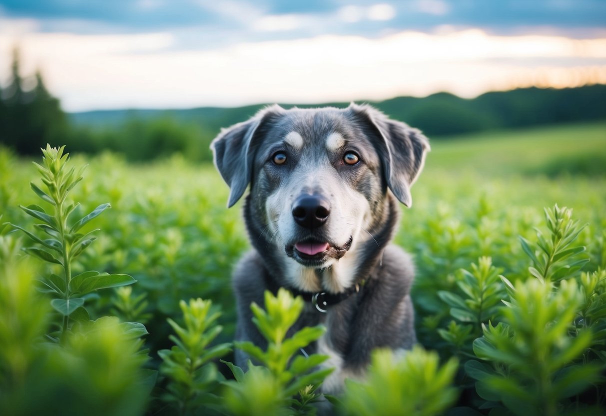A dog, gray muzzle and wise eyes, surrounded by lush greenery and a serene landscape, symbolizing longevity and endurance