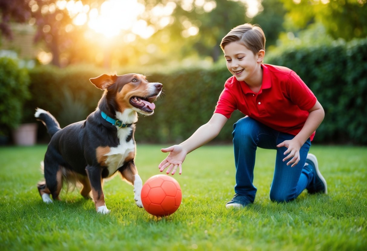 A 10-year-old playing fetch with a dog in a backyard, both smiling and having fun