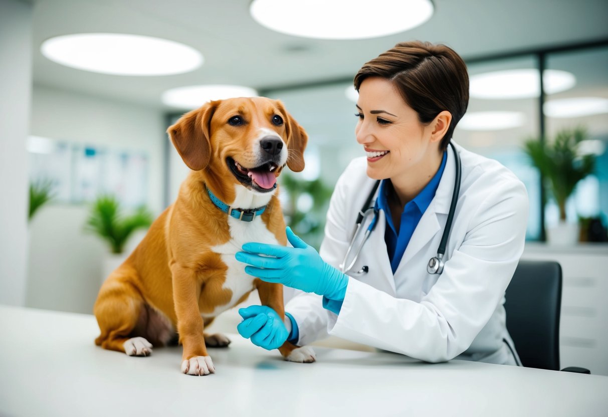 A happy, healthy dog playing with a veterinarian in a bright, modern clinic