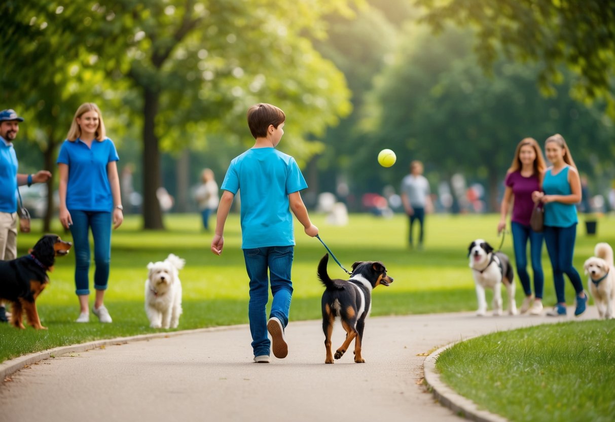A 10-year-old walks a dog through a park, tossing a ball for it to fetch. Other dogs and their owners are seen socializing nearby