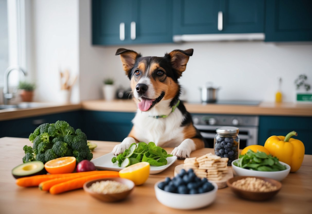 A dog with a balanced diet and regular exercise, surrounded by healthy food and engaging in physical activity