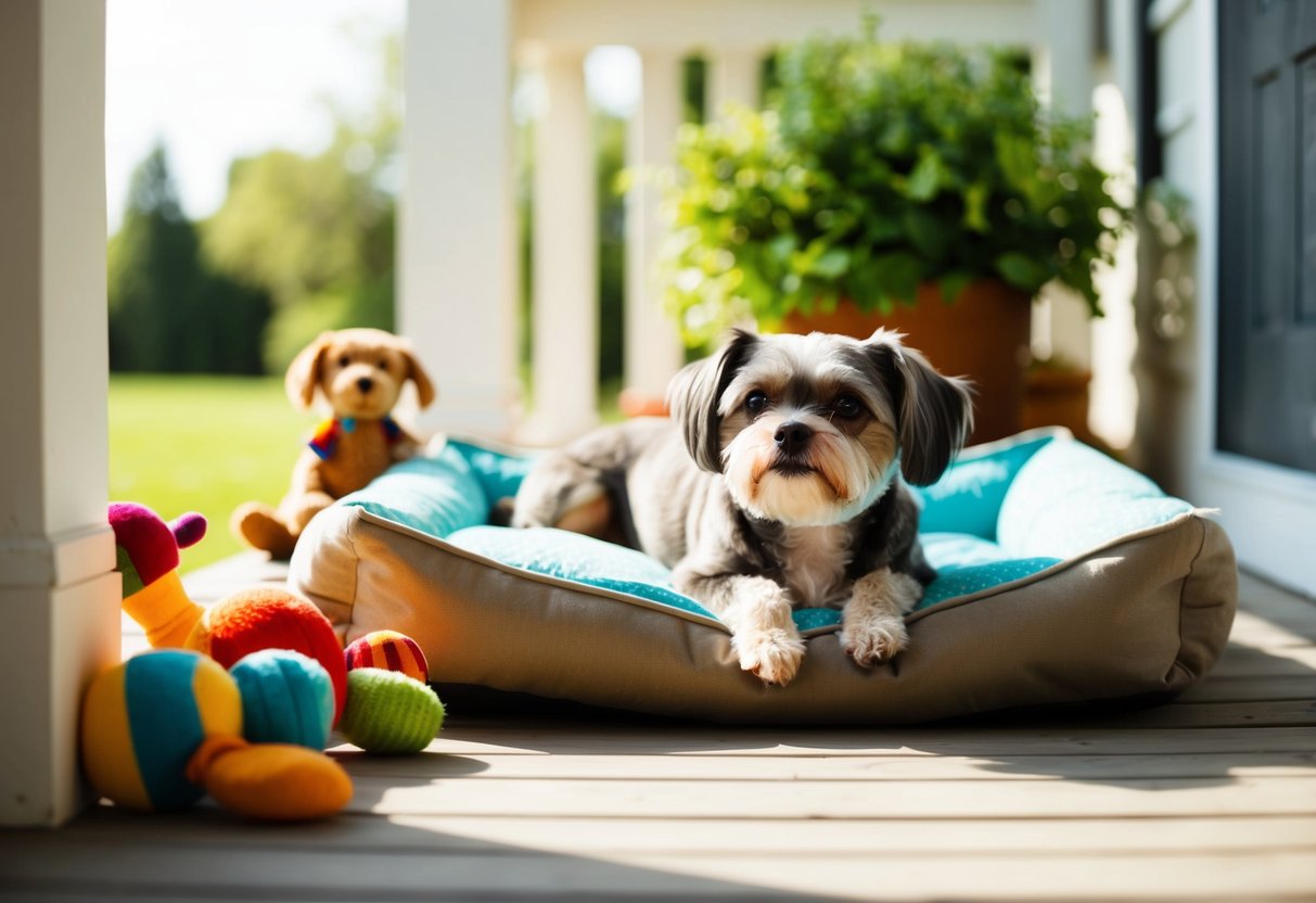 A small dog lounges on a sun-dappled porch, surrounded by toys and a cozy bed. Its graying muzzle and wise eyes hint at a long and contented life