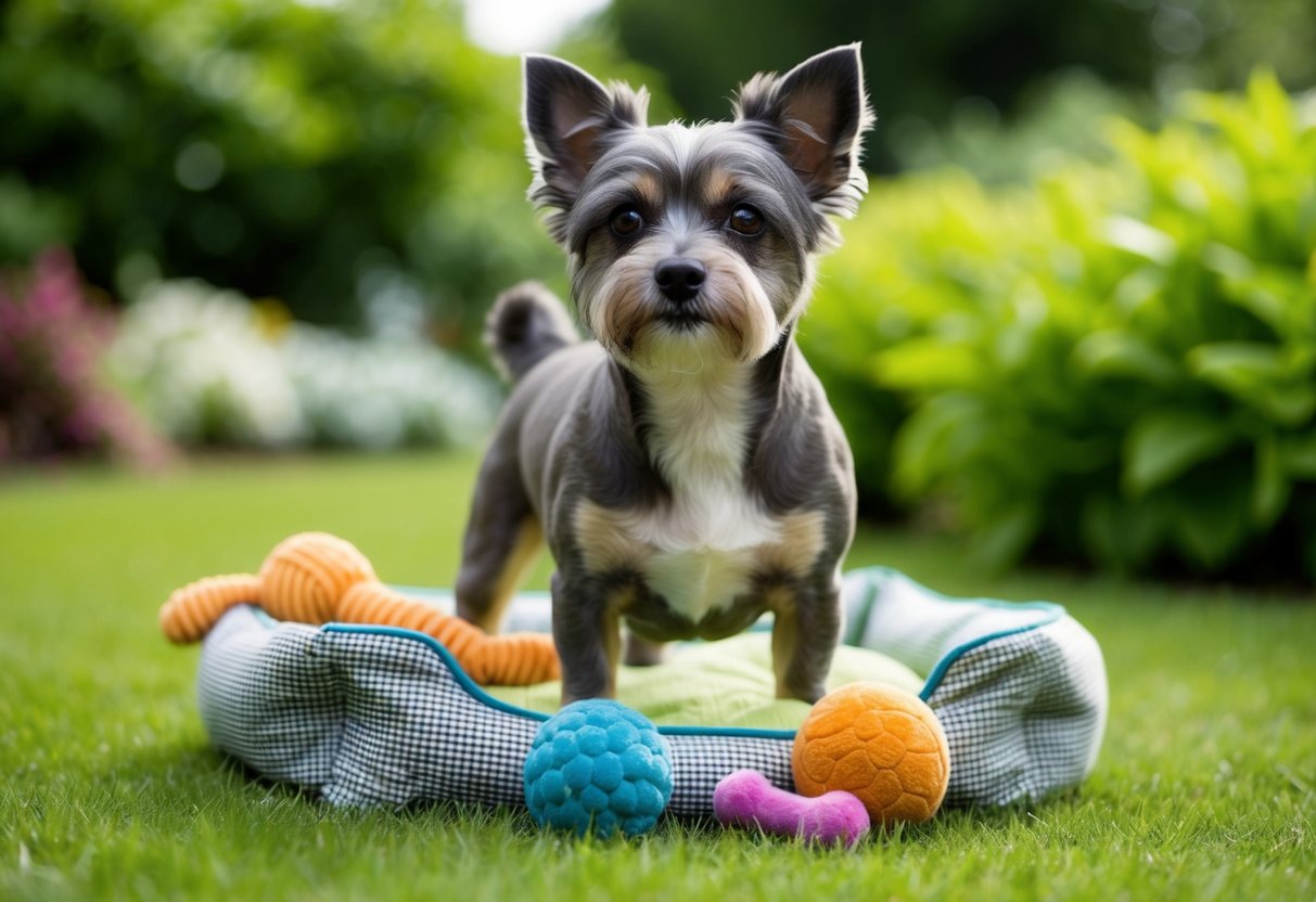 A small dog with a gray muzzle and bright eyes stands in a lush green garden, surrounded by toys and a cozy bed