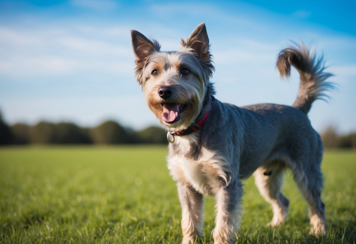 A happy, gray-haired dog with a wagging tail and bright eyes, standing on a green grassy field with a blue sky in the background