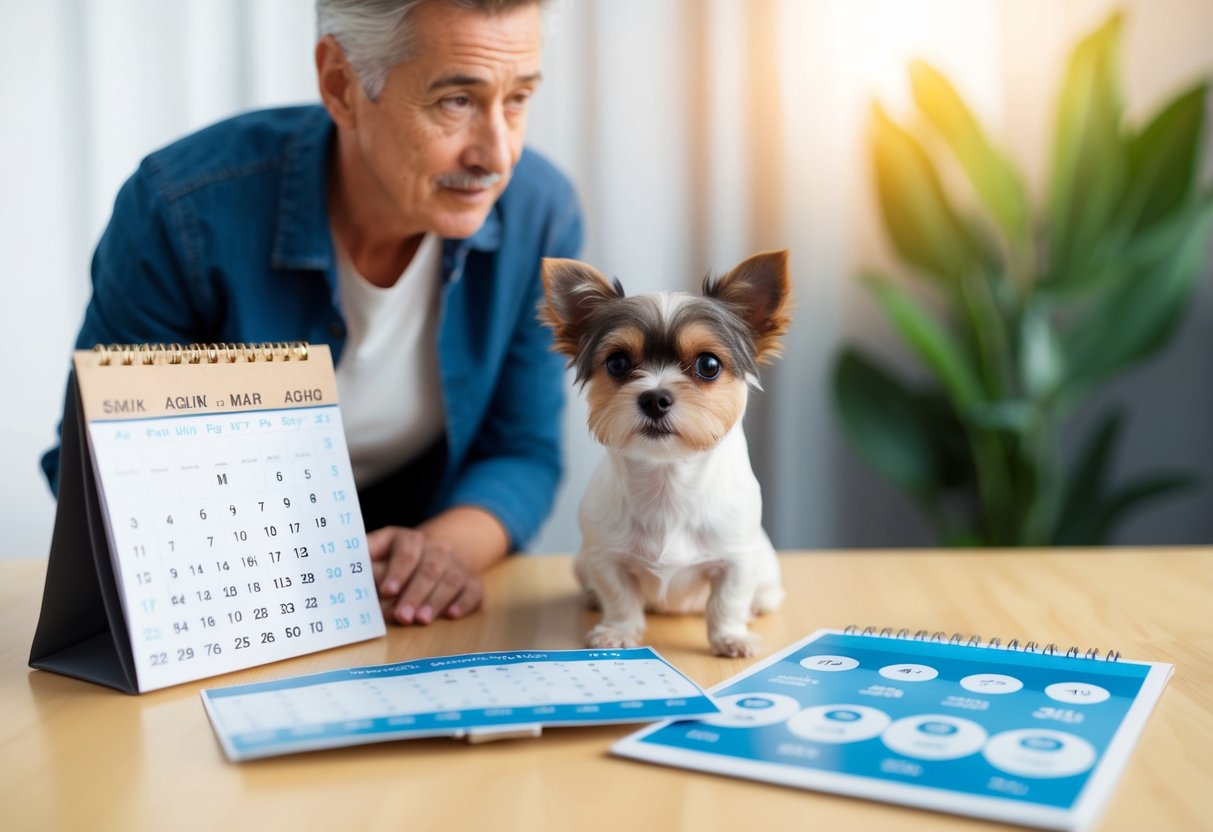 A small dog, surrounded by a calendar and aging charts, looks up at a concerned owner, seeking answers about its potential 22-year lifespan
