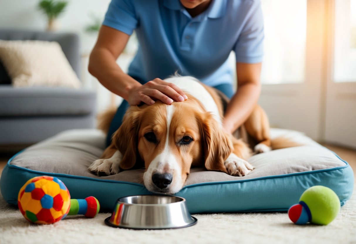 A senior dog lying on a soft bed, surrounded by toys and a water bowl. A person gently petting the dog's head with a caring expression