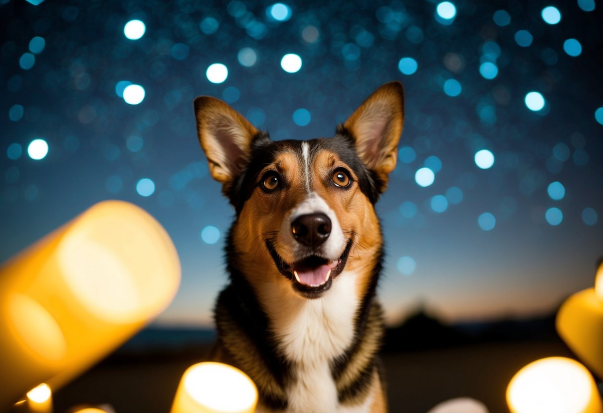 A dog with bright, alert eyes stands under a starry night sky, surrounded by dimly lit objects