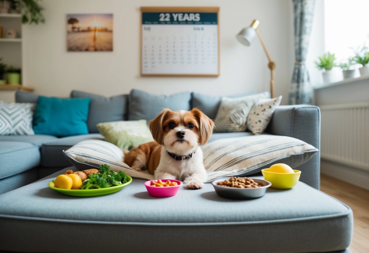 A small dog lounges in a cozy living room, surrounded by healthy food, toys, and a comfortable bed. A calendar on the wall shows 22 years