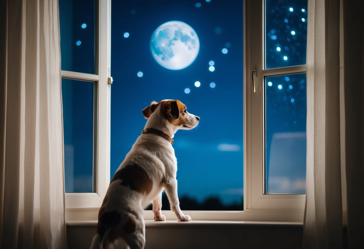 A dog standing in a dimly lit room, looking out a window at the moon and stars in the night sky