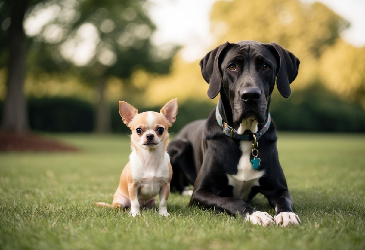 A small dog, possibly a Chihuahua, sits next to a large dog, possibly a Great Dane, both looking content and healthy